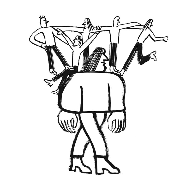 Illustration of figure carrying smaller figures on their shoulders